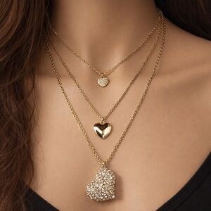 Gold Layered Necklace Dazzling Drop Heart Charms Pendant - Women's Jewelry